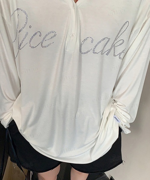 Dalfwin（ダールフィン）の「韓国ファッション RicecakeラインストーンロゴVネックヘンリーネック長袖Tシャツ（Tシャツ/カットソー・レディース・ブラック/ホワイト/グレー・FREE）」の10枚目の写真