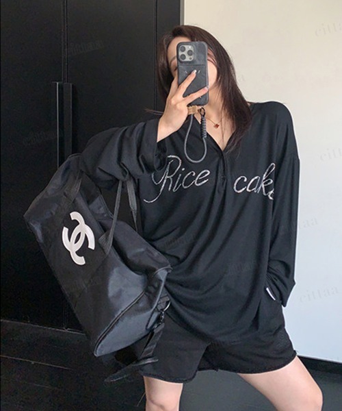 Dalfwin（ダールフィン）の「韓国ファッション RicecakeラインストーンロゴVネックヘンリーネック長袖Tシャツ（Tシャツ/カットソー・レディース・ブラック/ホワイト/グレー・FREE）」の12枚目の写真