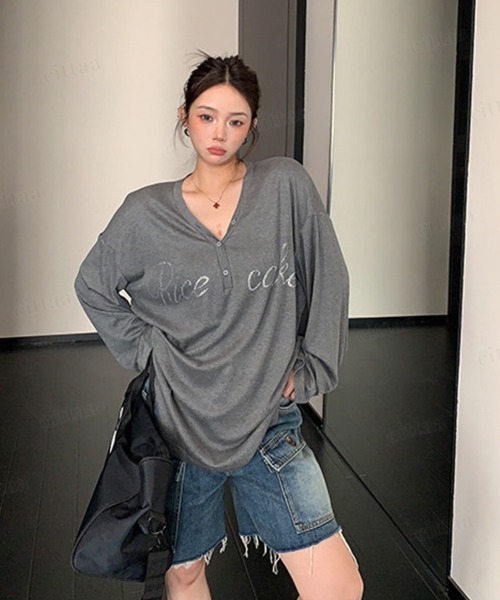 Dalfwin（ダールフィン）の「韓国ファッション RicecakeラインストーンロゴVネックヘンリーネック長袖Tシャツ（Tシャツ/カットソー・レディース・ブラック/ホワイト/グレー・FREE）」の20枚目の写真