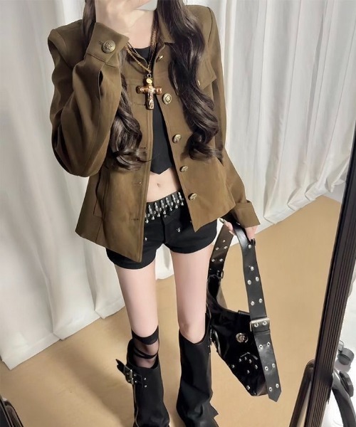 LADY LIKE(レディライク)の「【秋冬新作】アンティーク風ボタンカバーオールジャケット(カバーオール・レディース・ブラウン/ブラック・M/S)」の9枚目の写真