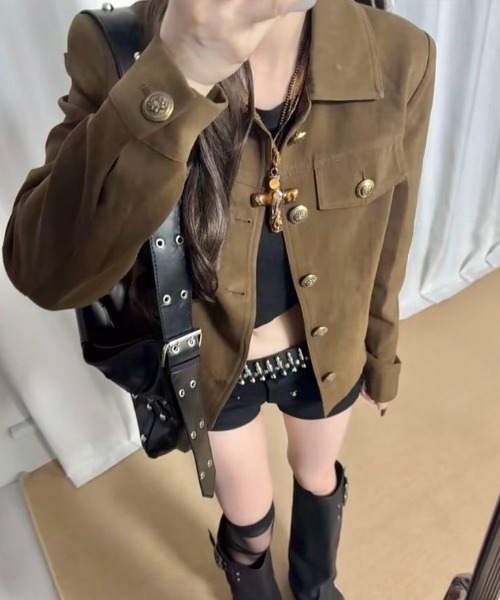 LADY LIKE(レディライク)の「【秋冬新作】アンティーク風ボタンカバーオールジャケット(カバーオール・レディース・ブラウン/ブラック・M/S)」の8枚目の写真