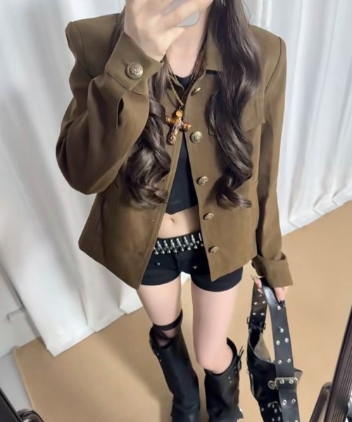 LADY LIKE(レディライク)の「【秋冬新作】アンティーク風ボタンカバーオールジャケット(カバーオール・レディース・ブラウン/ブラック・M/S)」の6枚目の写真
