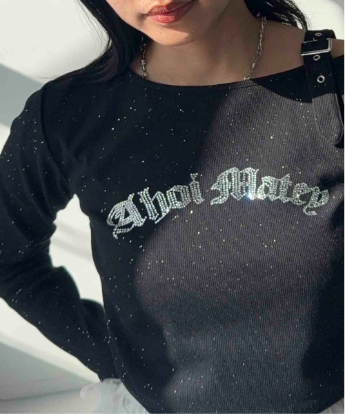 AS KNOW AS plus(アズノゥアズプラス)の「☆きらきらビジューロゴ サイドシャーリング 短丈ベルトワンショルロンT(Tシャツ/カットソー・レディース・カモフラージュ/ブラック系その他/ブラック系・FREE)」の2枚目の写真