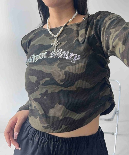 AS KNOW AS plus(アズノゥアズプラス)の「☆きらきらビジューロゴ サイドシャーリング 短丈ベルトワンショルロンT(Tシャツ/カットソー・レディース・カモフラージュ/ブラック系その他/ブラック系・FREE)」の15枚目の写真