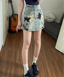 花柄パッチワークデニムミニスカパン