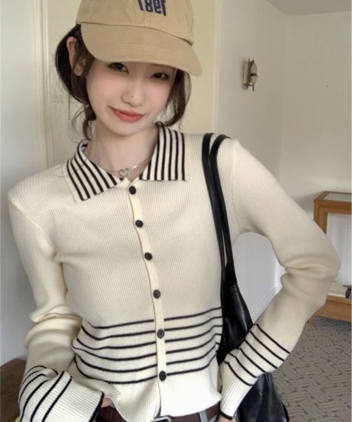 AVYL(アヴィル)の「襟付きボーダー切替ポロニットカーディガン(ニット/セーター・レディース・ブラック/アイボリー・M)」の3枚目の写真