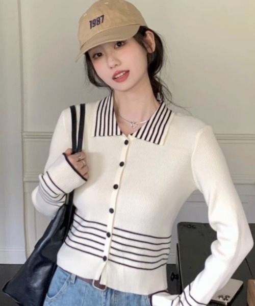 AVYL(アヴィル)の「襟付きボーダー切替ポロニットカーディガン(ニット/セーター・レディース・ブラック/アイボリー・M)」の6枚目の写真