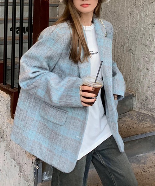 FAVORITO(ファヴォリート)の「チェック柄メルトンコート(その他アウター・レディース・ブルー・F)」の5枚目の写真