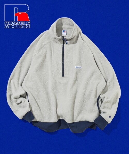 Russell Athletic(ラッセルアスレティック)の「RUSSELL ATHLETIC/ラッセルアスレティック 別注 ビックシルエット スタンドカラー 配色 ワッペン フリース ハーフジップ プルオーバー(その他トップス・メンズ・ブラック/ネイビー/ブラウン/グレー・SMALL/MEDIUM/LARGE)」の2枚目の写真