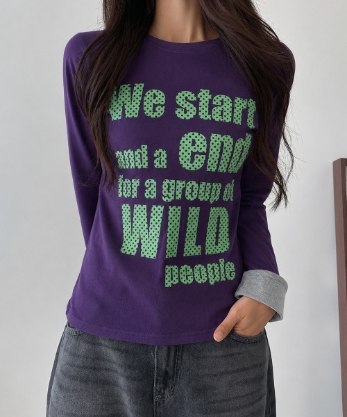 Emilie(エミリー)の「ポップレタリングプリント ロールアップ長袖Tシャツ(Tシャツ/カットソー・レディース・ミント/ブラック/パープル/イエロー/アイボリー・FREE)」の4枚目の写真