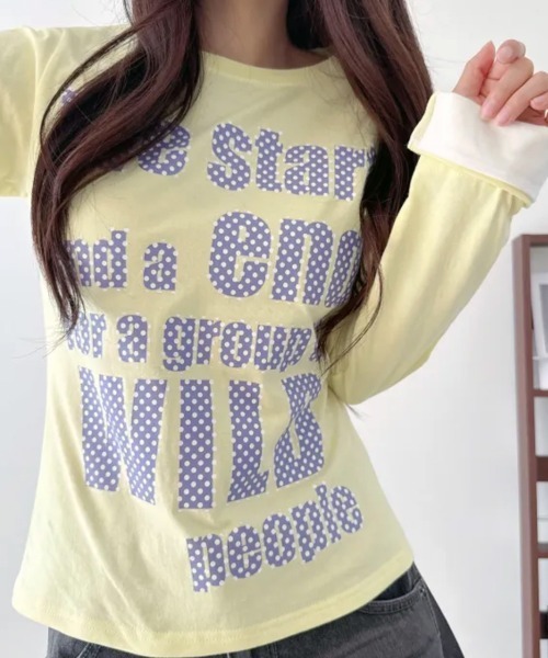 Emilie(エミリー)の「ポップレタリングプリント ロールアップ長袖Tシャツ(Tシャツ/カットソー・レディース・ミント/ブラック/パープル/イエロー/アイボリー・FREE)」の5枚目の写真