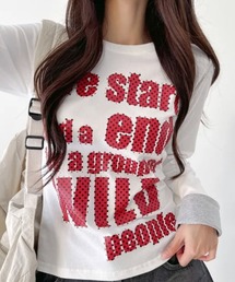 ポップレタリングプリント ロールアップ長袖Tシャツ