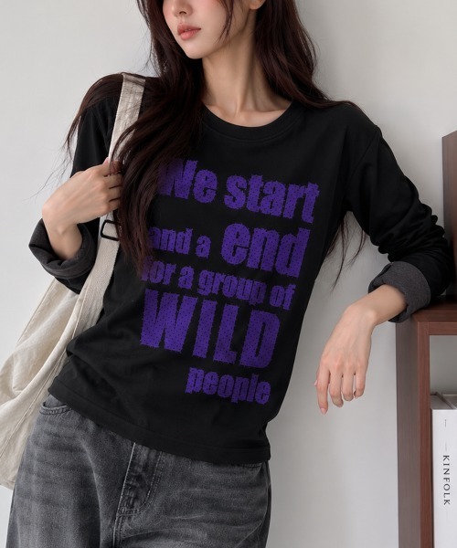 Emilie(エミリー)の「ポップレタリングプリント ロールアップ長袖Tシャツ(Tシャツ/カットソー・レディース・ミント/ブラック/パープル/イエロー/アイボリー・FREE)」の3枚目の写真