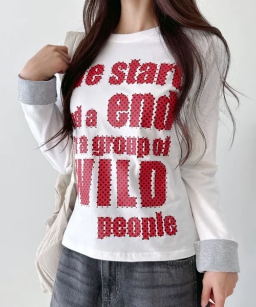 Emilie(エミリー)の「ポップレタリングプリント ロールアップ長袖Tシャツ(Tシャツ/カットソー・レディース・ミント/ブラック/パープル/イエロー/アイボリー・FREE)」の6枚目の写真