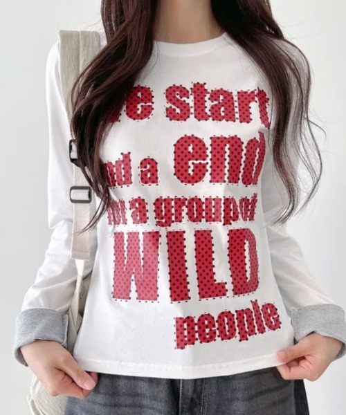 Emilie(エミリー)の「ポップレタリングプリント ロールアップ長袖Tシャツ(Tシャツ/カットソー・レディース・ミント/ブラック/パープル/イエロー/アイボリー・FREE)」の7枚目の写真
