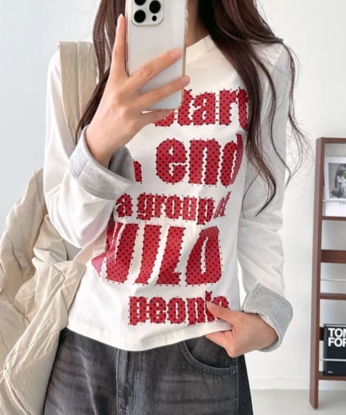 Emilie(エミリー)の「ポップレタリングプリント ロールアップ長袖Tシャツ(Tシャツ/カットソー・レディース・ミント/ブラック/パープル/イエロー/アイボリー・FREE)」の8枚目の写真