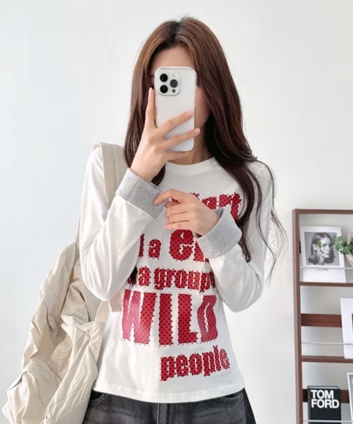 Emilie(エミリー)の「ポップレタリングプリント ロールアップ長袖Tシャツ(Tシャツ/カットソー・レディース・ミント/ブラック/パープル/イエロー/アイボリー・FREE)」の9枚目の写真