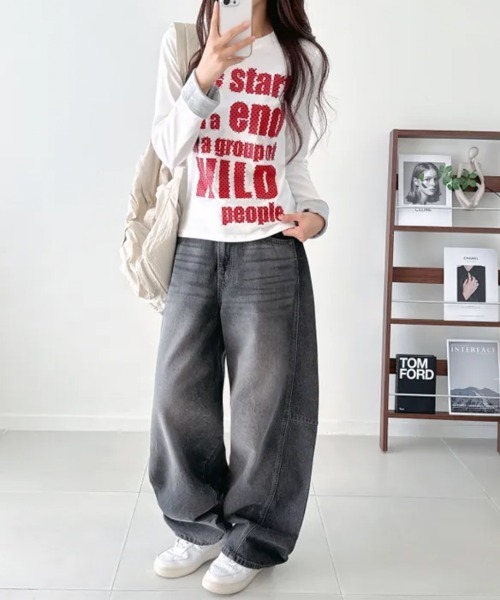 Emilie(エミリー)の「ポップレタリングプリント ロールアップ長袖Tシャツ(Tシャツ/カットソー・レディース・ミント/ブラック/パープル/イエロー/アイボリー・FREE)」の11枚目の写真