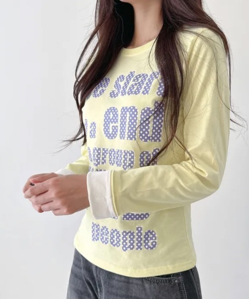 Emilie(エミリー)の「ポップレタリングプリント ロールアップ長袖Tシャツ(Tシャツ/カットソー・レディース・ミント/ブラック/パープル/イエロー/アイボリー・FREE)」の12枚目の写真