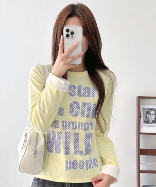 Emilie(エミリー)の「ポップレタリングプリント ロールアップ長袖Tシャツ(Tシャツ/カットソー・レディース・ミント/ブラック/パープル/イエロー/アイボリー・FREE)」の13枚目の写真