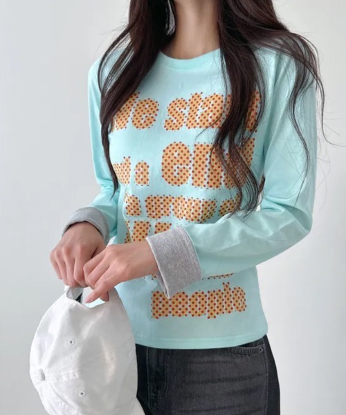 Emilie(エミリー)の「ポップレタリングプリント ロールアップ長袖Tシャツ(Tシャツ/カットソー・レディース・ミント/ブラック/パープル/イエロー/アイボリー・FREE)」の17枚目の写真