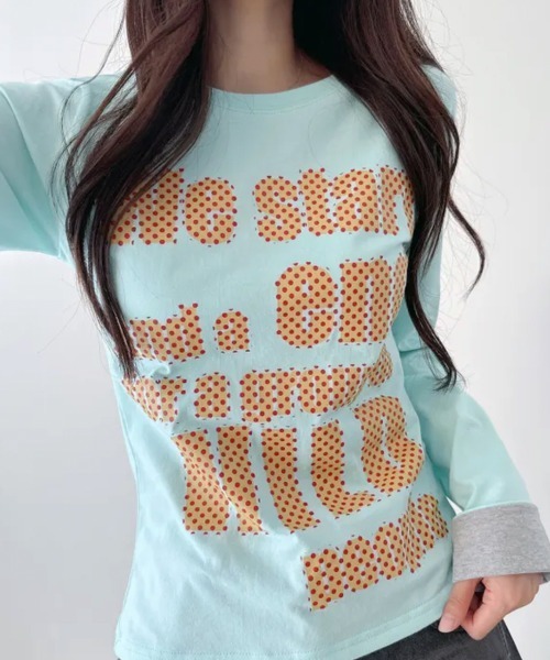 Emilie(エミリー)の「ポップレタリングプリント ロールアップ長袖Tシャツ(Tシャツ/カットソー・レディース・ミント/ブラック/パープル/イエロー/アイボリー・FREE)」の18枚目の写真