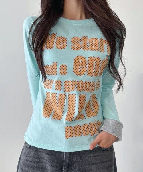 Emilie(エミリー)の「ポップレタリングプリント ロールアップ長袖Tシャツ(Tシャツ/カットソー・レディース・ミント/ブラック/パープル/イエロー/アイボリー・FREE)」の19枚目の写真