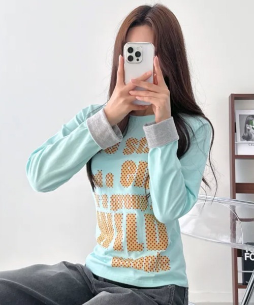 Emilie(エミリー)の「ポップレタリングプリント ロールアップ長袖Tシャツ(Tシャツ/カットソー・レディース・ミント/ブラック/パープル/イエロー/アイボリー・FREE)」の21枚目の写真