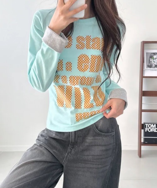 Emilie(エミリー)の「ポップレタリングプリント ロールアップ長袖Tシャツ(Tシャツ/カットソー・レディース・ミント/ブラック/パープル/イエロー/アイボリー・FREE)」の22枚目の写真