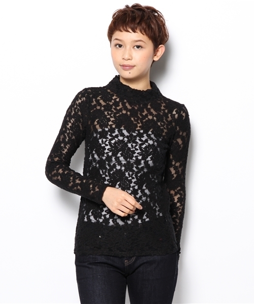 WEGO（ウィゴー）の「WEGO/レースハイネックTシャツ（Tシャツ/カットソー・レディース・オフホワイト/ブラック・FREE）」の2枚目の写真