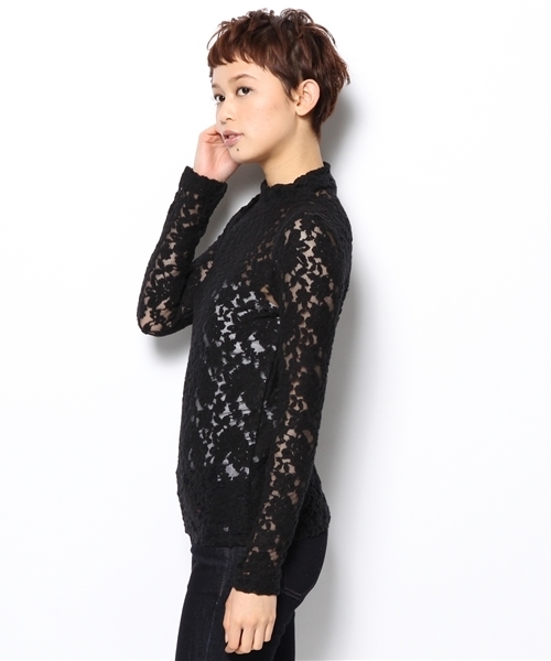 WEGO（ウィゴー）の「WEGO/レースハイネックTシャツ（Tシャツ/カットソー・レディース・オフホワイト/ブラック・FREE）」の4枚目の写真