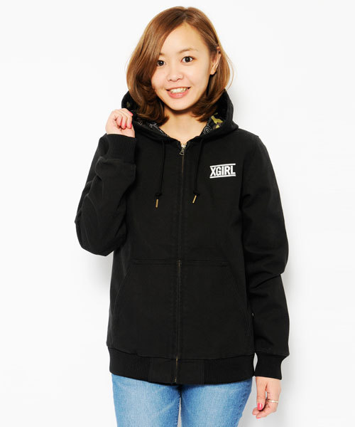X-girl（エックスガール）の「CAMO LINING JACKET（デニムジャケット・レディース・インディゴブルー/ブラック/ベージュ・1/2）」の2枚目の写真