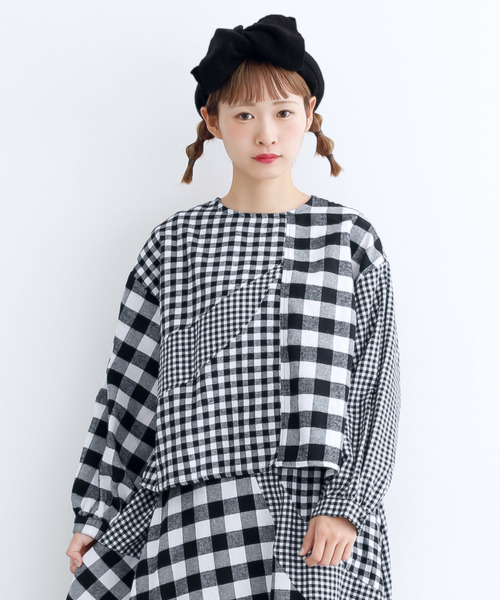 セール トップス チェックパッチワークブラウス8700 シャツ ブラウス Merlot メルロー のファッション
