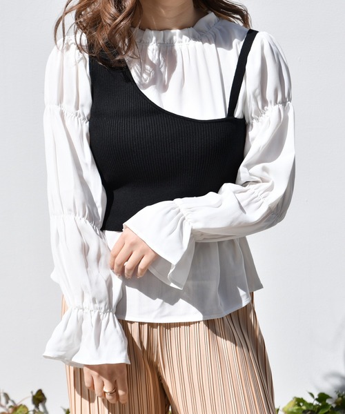 PairPair(ペアペア)の「ワンショルニットビスチェ×フリルブラウスセット(シャツ/ブラウス・レディース・モカ/ブラック・FREE)」の7枚目の写真