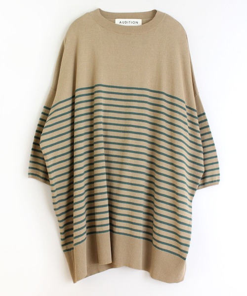 Audition(オーディション)の「K2490 サマーボーダーBIGプルオーバー(Tシャツ/カットソー・レディース・オリーブ/ブルー/ベージュ・MEDIUM)」の2枚目の写真