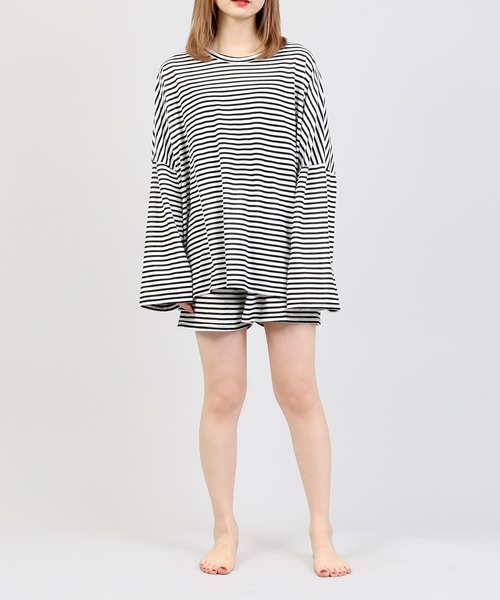 DING（ディング）の「DING/【2点セット】ボーダーカットルームウェア（ルームウェア/パジャマ・レディース・ブラック/グリーン・FREE）」の5枚目の写真