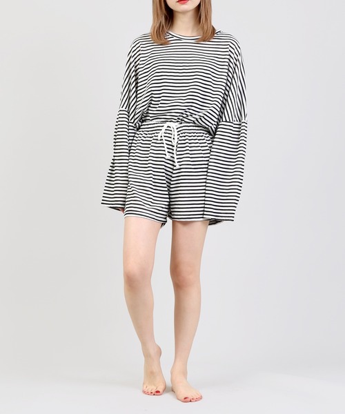 DING（ディング）の「DING/【2点セット】ボーダーカットルームウェア（ルームウェア/パジャマ・レディース・ブラック/グリーン・FREE）」の4枚目の写真