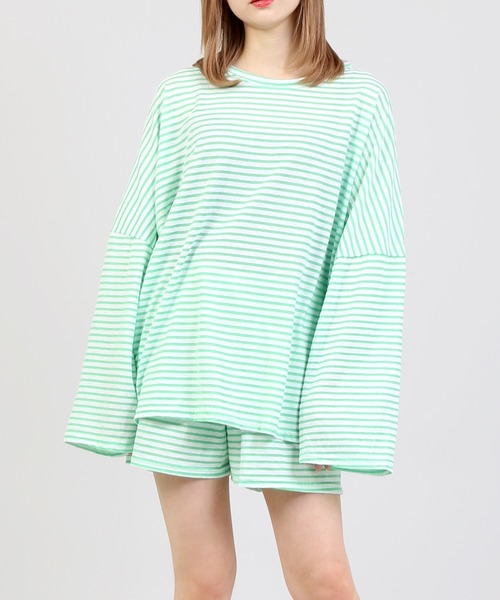 DING（ディング）の「DING/【2点セット】ボーダーカットルームウェア（ルームウェア/パジャマ・レディース・ブラック/グリーン・FREE）」の6枚目の写真