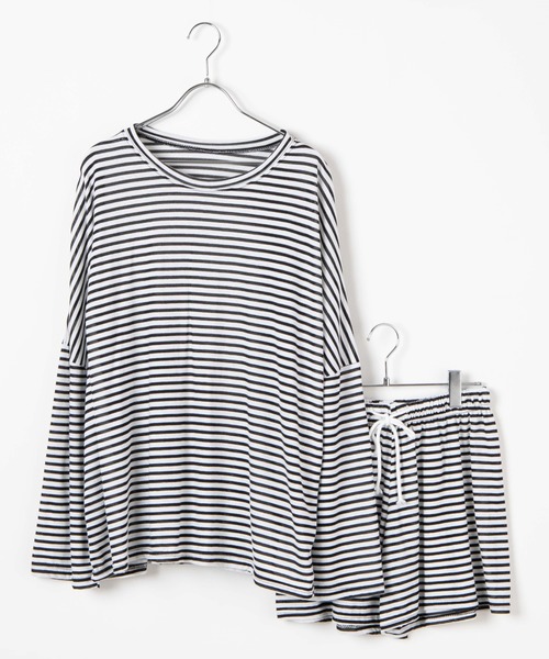 DING（ディング）の「DING/【2点セット】ボーダーカットルームウェア（ルームウェア/パジャマ・レディース・ブラック/グリーン・FREE）」の9枚目の写真