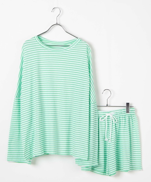 DING（ディング）の「DING/【2点セット】ボーダーカットルームウェア（ルームウェア/パジャマ・レディース・ブラック/グリーン・FREE）」の10枚目の写真