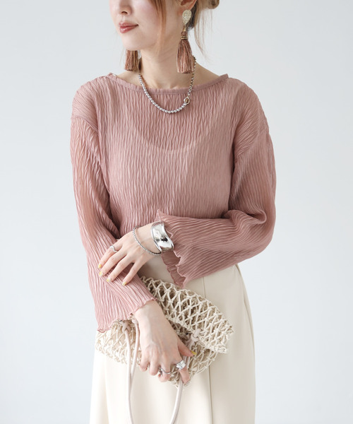 Fizz（フィズ）の「【Fizz/フィズ】　ヘリンボーンプリーツシアーブラウス（シャツ/ブラウス・レディース・ライトベージュ/ピンク/グリーン・M）」の3枚目の写真