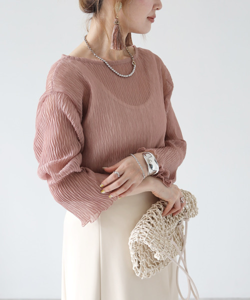 Fizz（フィズ）の「【Fizz/フィズ】　ヘリンボーンプリーツシアーブラウス（シャツ/ブラウス・レディース・ライトベージュ/ピンク/グリーン・M）」の6枚目の写真