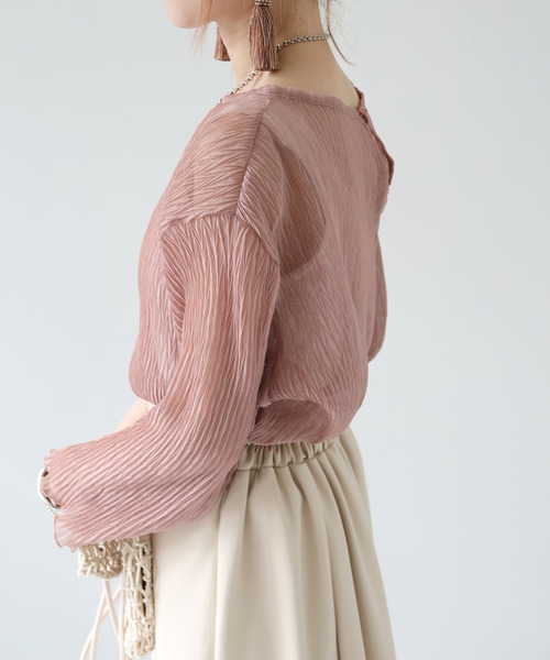 Fizz（フィズ）の「【Fizz/フィズ】　ヘリンボーンプリーツシアーブラウス（シャツ/ブラウス・レディース・ライトベージュ/ピンク/グリーン・M）」の8枚目の写真