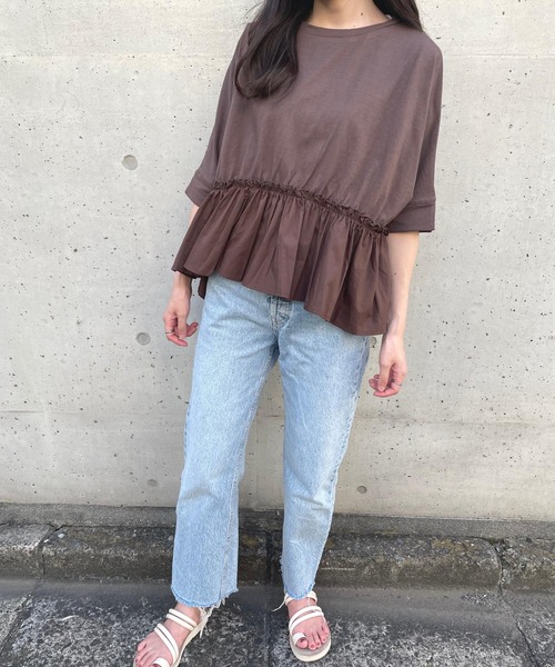 JUGLANS(ユグランス)の「☆ 16’s天竺×ブロード 裾異素材切り替えTOPS(Tシャツ/カットソー・レディース・ブラウン/ホワイト/ライトベージュ/ブラック・FREE)」の3枚目の写真
