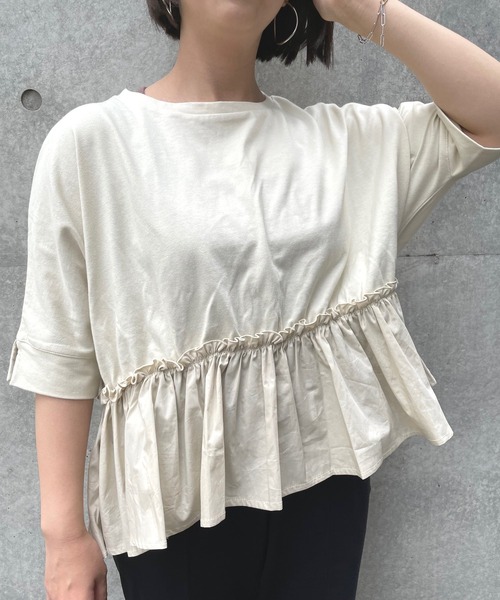 JUGLANS(ユグランス)の「☆ 16’s天竺×ブロード 裾異素材切り替えTOPS(Tシャツ/カットソー・レディース・ブラウン/ホワイト/ライトベージュ/ブラック・FREE)」の4枚目の写真