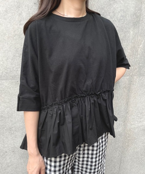 JUGLANS(ユグランス)の「☆ 16’s天竺×ブロード 裾異素材切り替えTOPS(Tシャツ/カットソー・レディース・ブラウン/ホワイト/ライトベージュ/ブラック・FREE)」の2枚目の写真