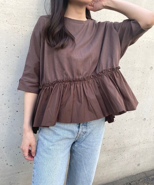JUGLANS(ユグランス)の「☆ 16’s天竺×ブロード 裾異素材切り替えTOPS(Tシャツ/カットソー・レディース・ブラウン/ホワイト/ライトベージュ/ブラック・FREE)」の18枚目の写真