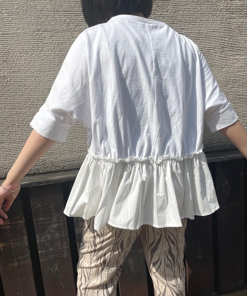 JUGLANS(ユグランス)の「☆ 16’s天竺×ブロード 裾異素材切り替えTOPS(Tシャツ/カットソー・レディース・ブラウン/ホワイト/ライトベージュ/ブラック・FREE)」の8枚目の写真