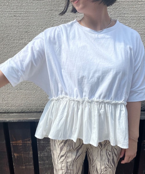 JUGLANS(ユグランス)の「☆ 16’s天竺×ブロード 裾異素材切り替えTOPS(Tシャツ/カットソー・レディース・ブラウン/ホワイト/ライトベージュ/ブラック・FREE)」の7枚目の写真