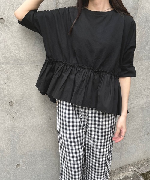 JUGLANS(ユグランス)の「☆ 16’s天竺×ブロード 裾異素材切り替えTOPS(Tシャツ/カットソー・レディース・ブラウン/ホワイト/ライトベージュ/ブラック・FREE)」の13枚目の写真